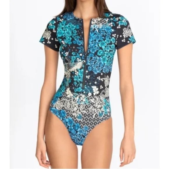 Johnny Was Other - NWT Johnny Was Blue Fly Neoprene One Piece Swimsuit Phoenix Zip High Cut XL
